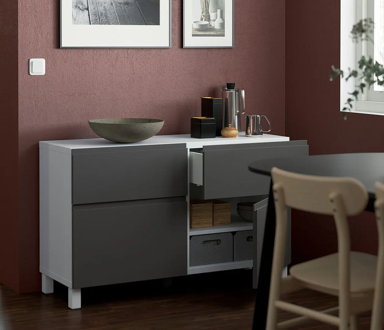 Tumba Ikea Besta/Vasterviken/Stubbarp glisiera sertar cu sistem apasare 120x42x74 (Alb/Gri inchis)