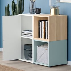 Tumba Ikea Eket cu picioare 70x35x72 (Alb/Aspect Stejar Vopsit/Gri Deschis-Bleu) Thumb