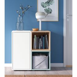 Tumba Ikea Eket cu picioare 70x35x72 (Alb/Aspect Stejar Vopsit/Gri Deschis-Bleu)