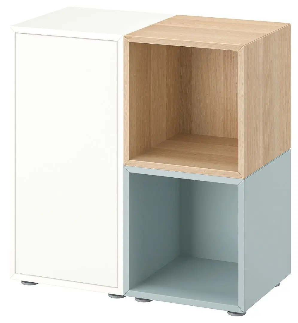 Tumba Ikea Eket cu picioare 70x35x72 (Alb/Aspect Stejar Vopsit/Gri Deschis-Bleu)