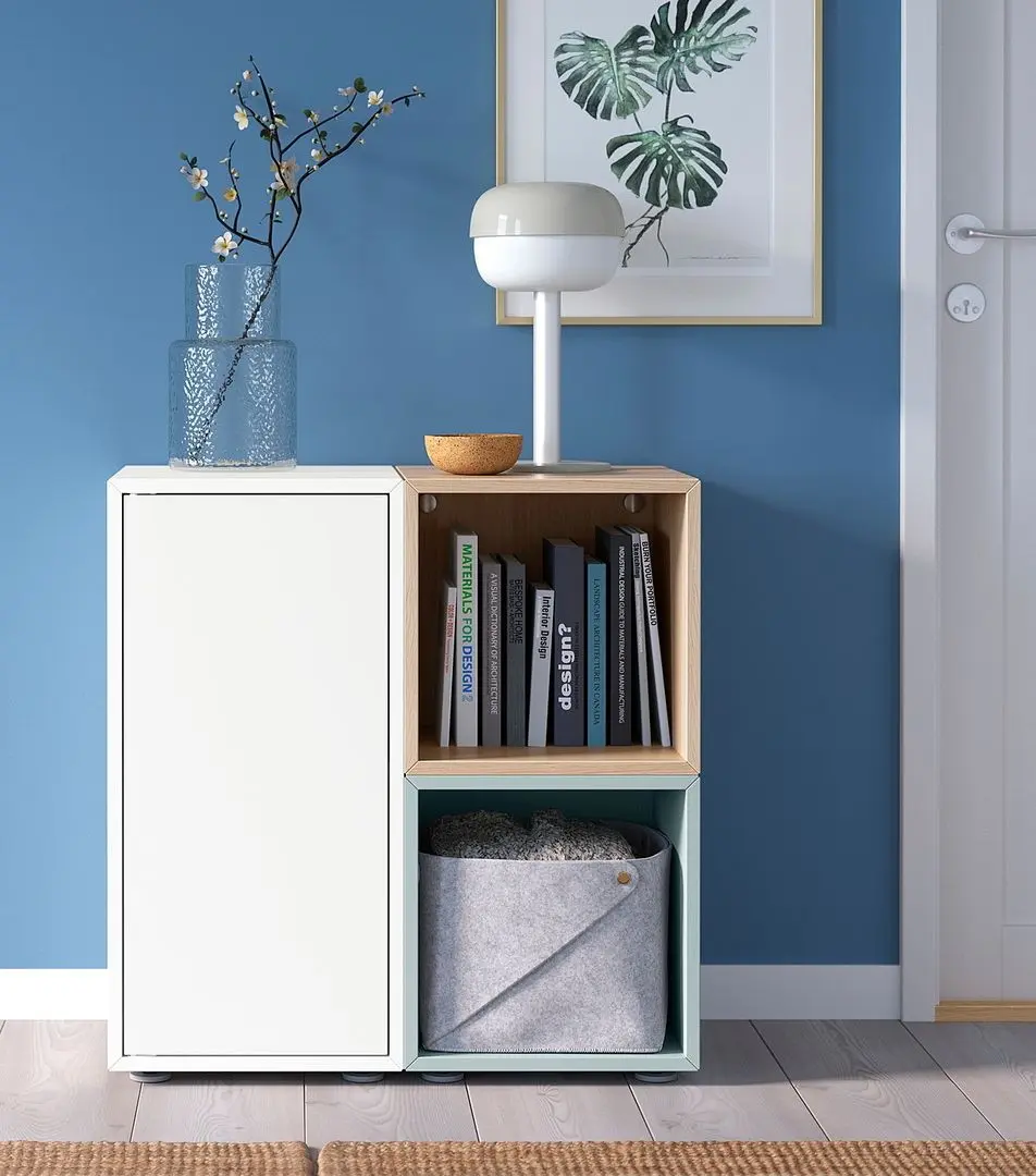 Tumba Ikea Eket cu picioare 70x35x72 (Alb/Aspect Stejar Vopsit/Gri Deschis-Bleu)