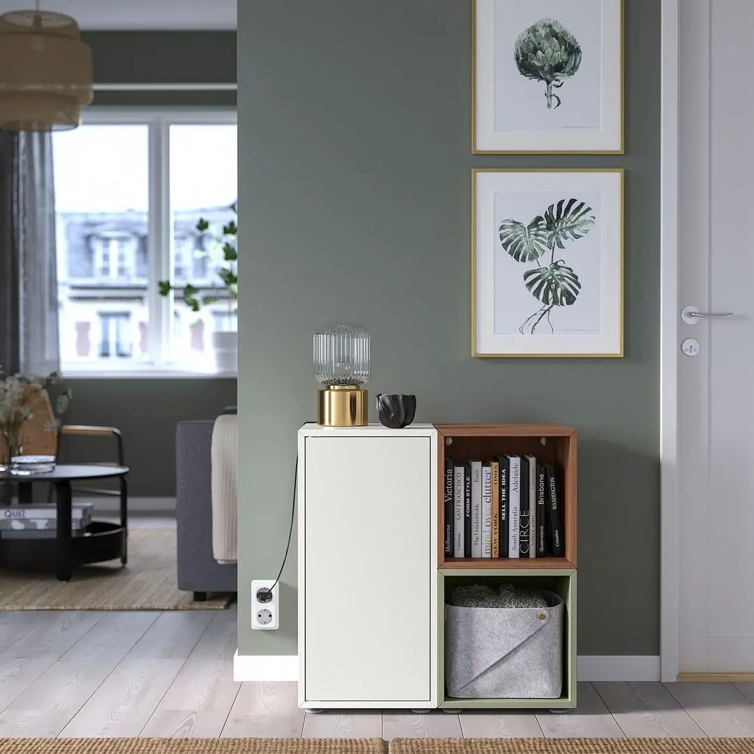Etajera Ikea Eket cu picioare 70x35x72 (Alb/Aspect Nuc/Verde Deschis)
