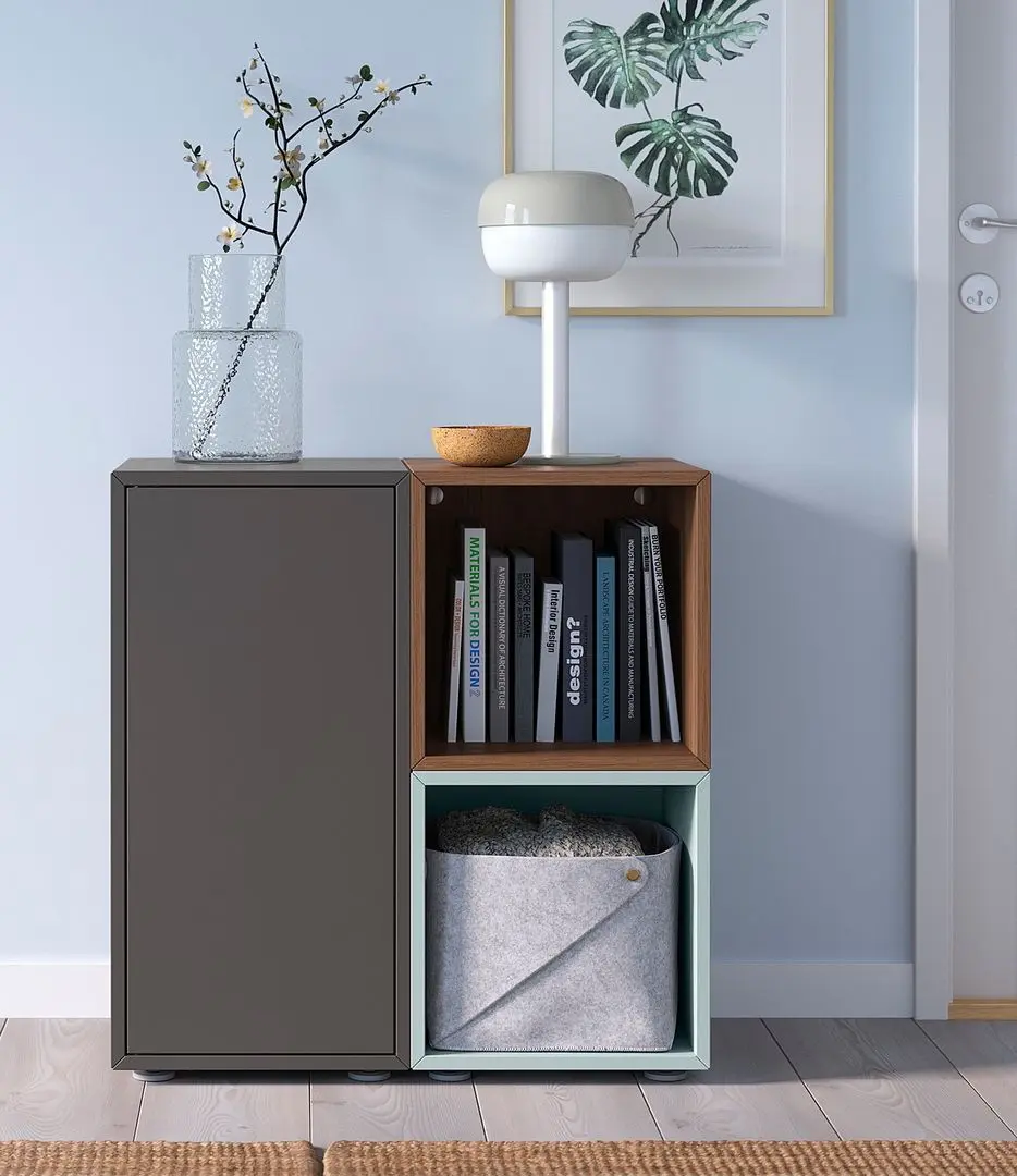 Tumba Ikea Eket cu picioare 70x35x72 (Gri Inchis/Aspect Nuc/Gri Deschis-Bleu)