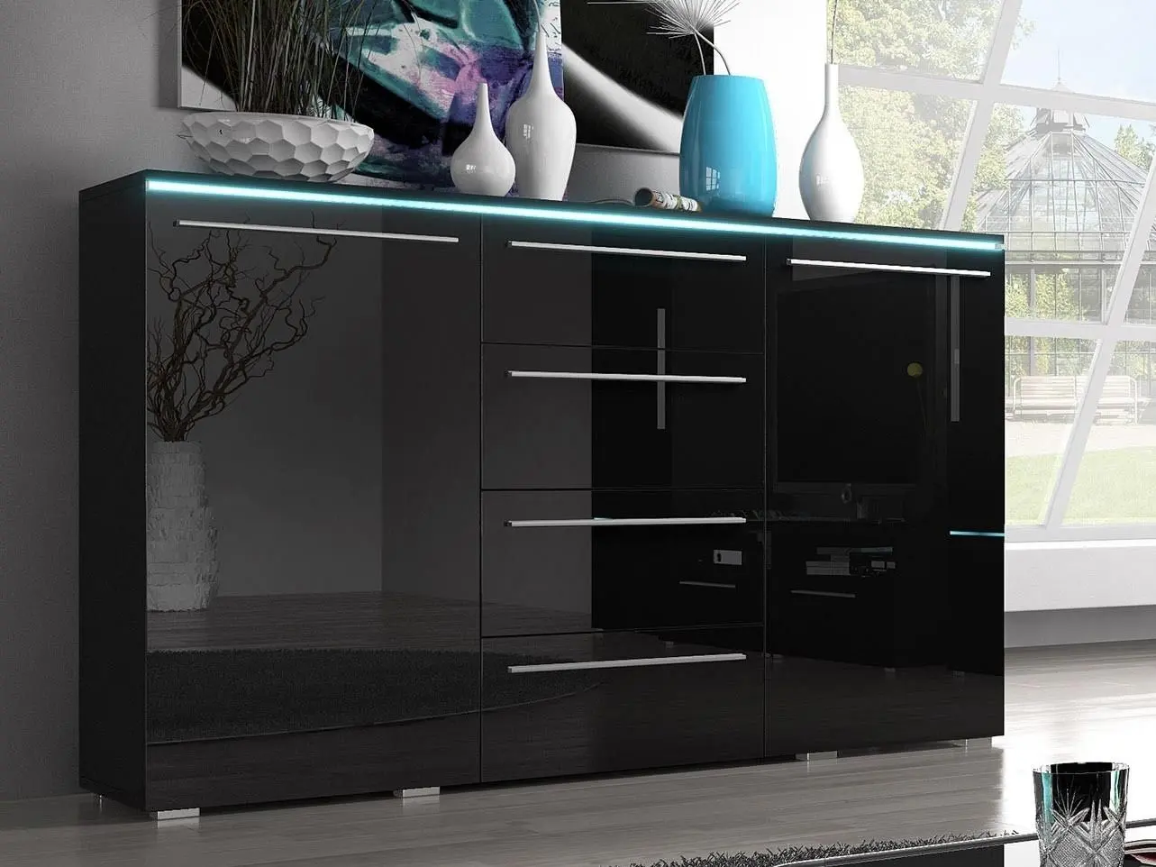 Comoda Mirjan24 Amber 26 cu iluminare LED (Black Gloss)