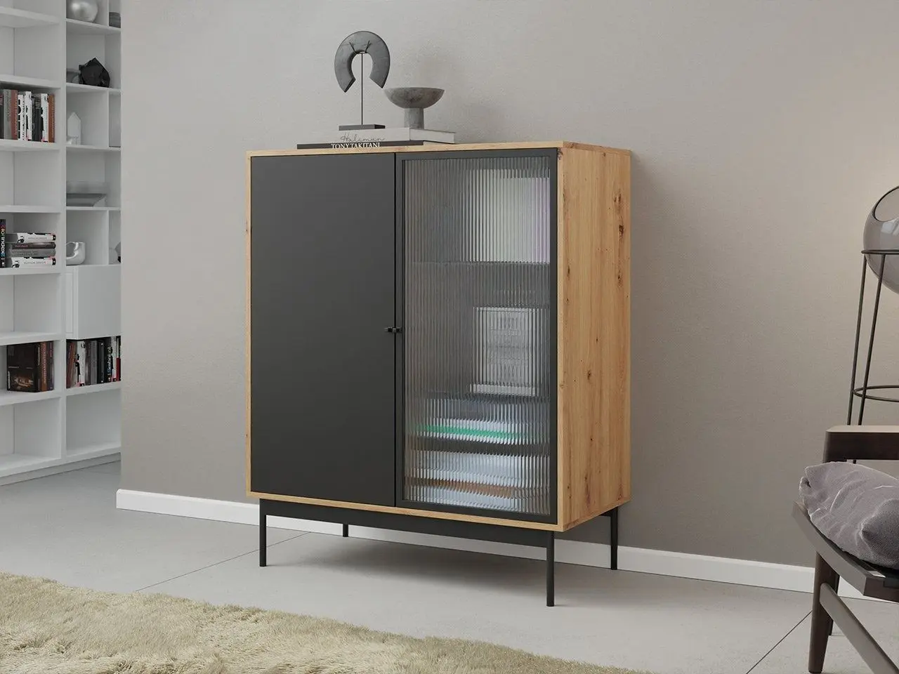 Vitrina Mirjan24 Brulpin/Bartise 2D cu LED iluminare (Artisan Oak/Black)