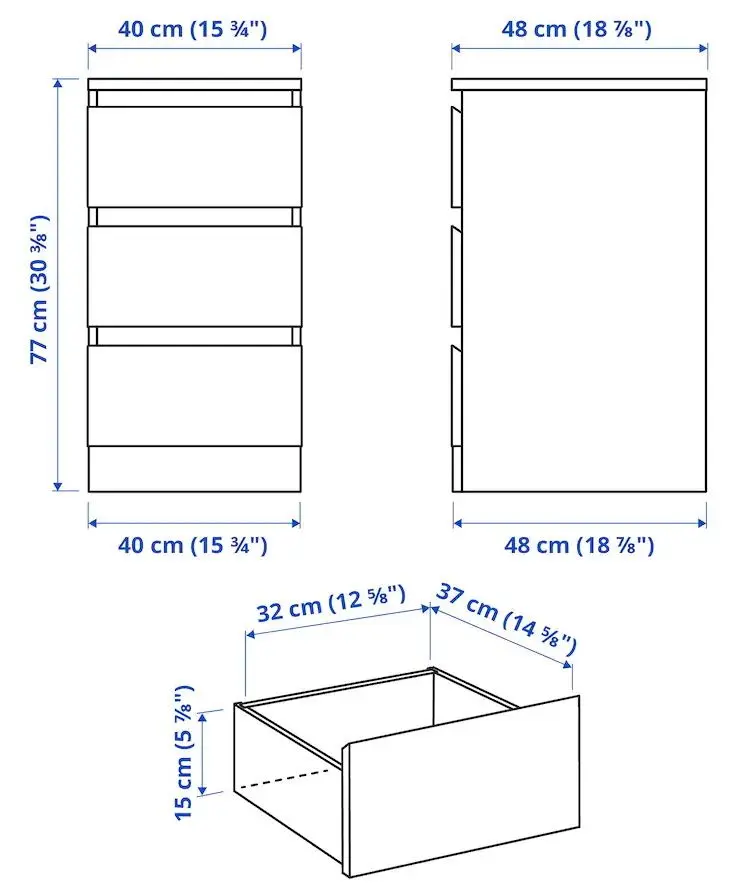 Comoda Ikea Malm 3 sertare 40x78 (Negru-Maro)