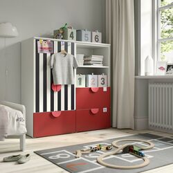 Тумба Ikea Smastad/Platsa 3 ящика 120x42x123 (Белый/Красный/В Полоску)