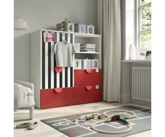 Тумба Ikea Smastad/Platsa 3 ящика 120x42x123 (Белый/Красный/В Полоску)