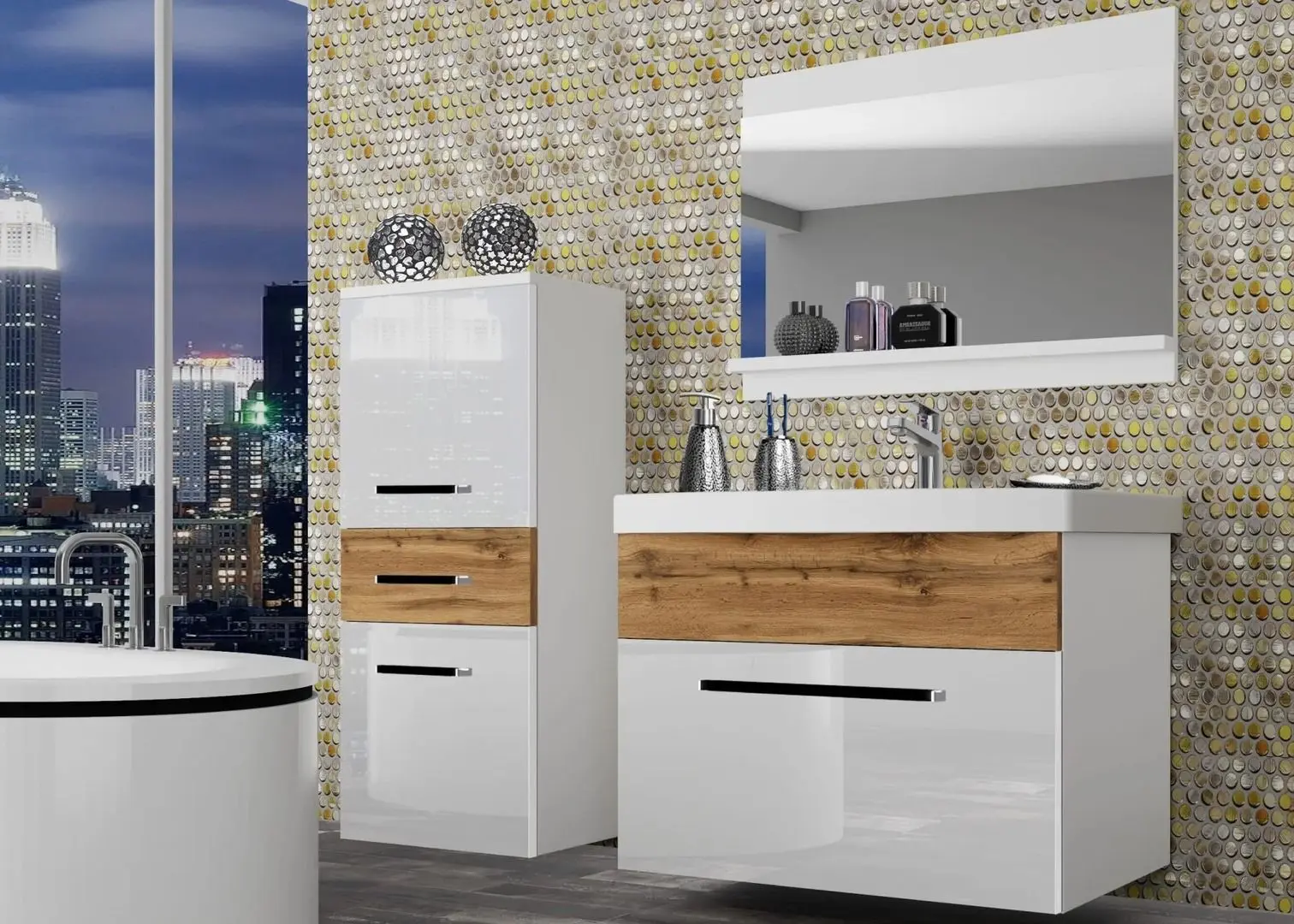 Set de mobila Belini Rodos 2 ROD PM 2/0/W/WDW/0/ZW (White High Gloss/Wotan Oak)