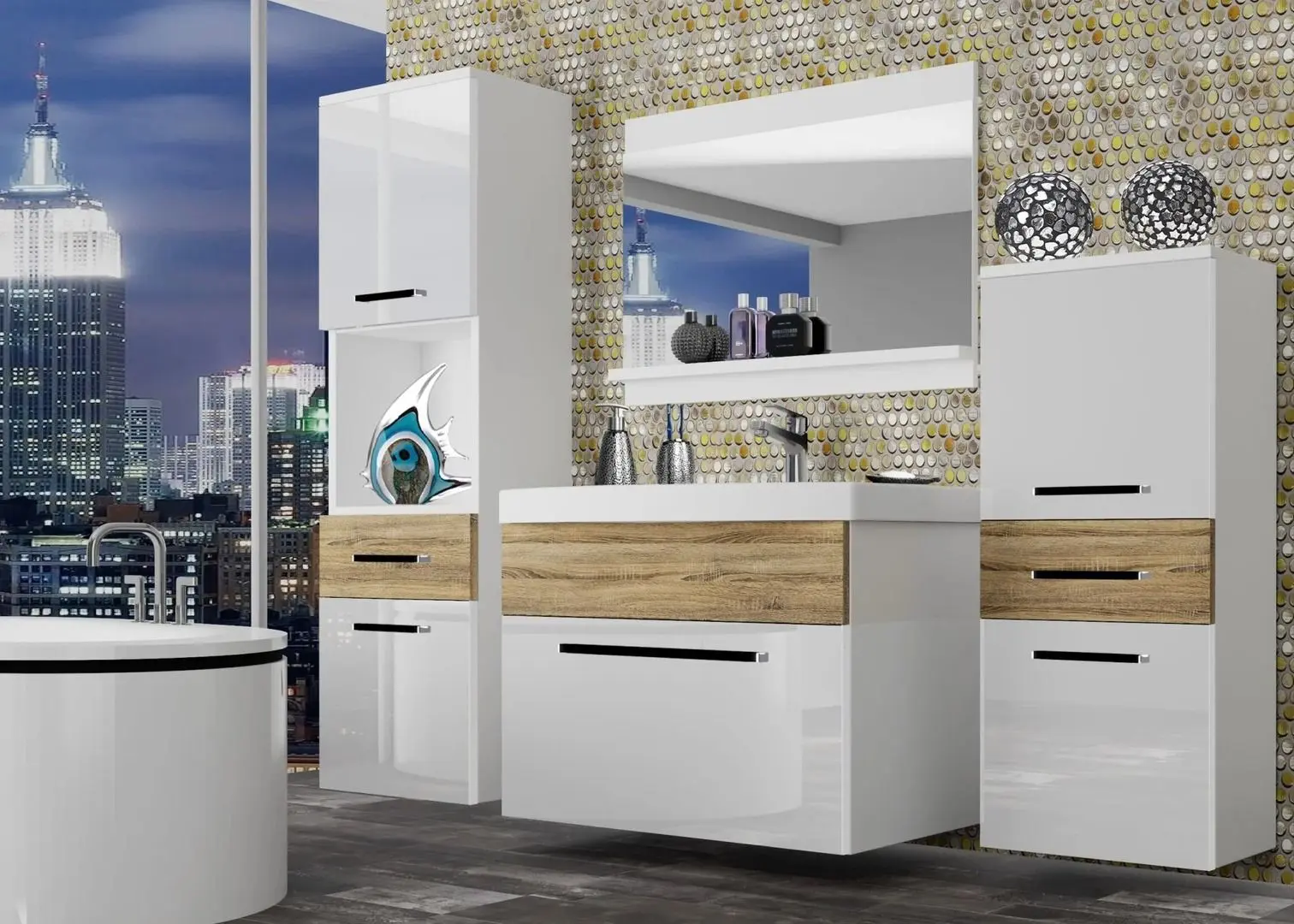 Set de mobila Belini Rodos 5 ROD PM 5/0/W/WDS/0/ZW (White High Gloss/Sonoma Oak)