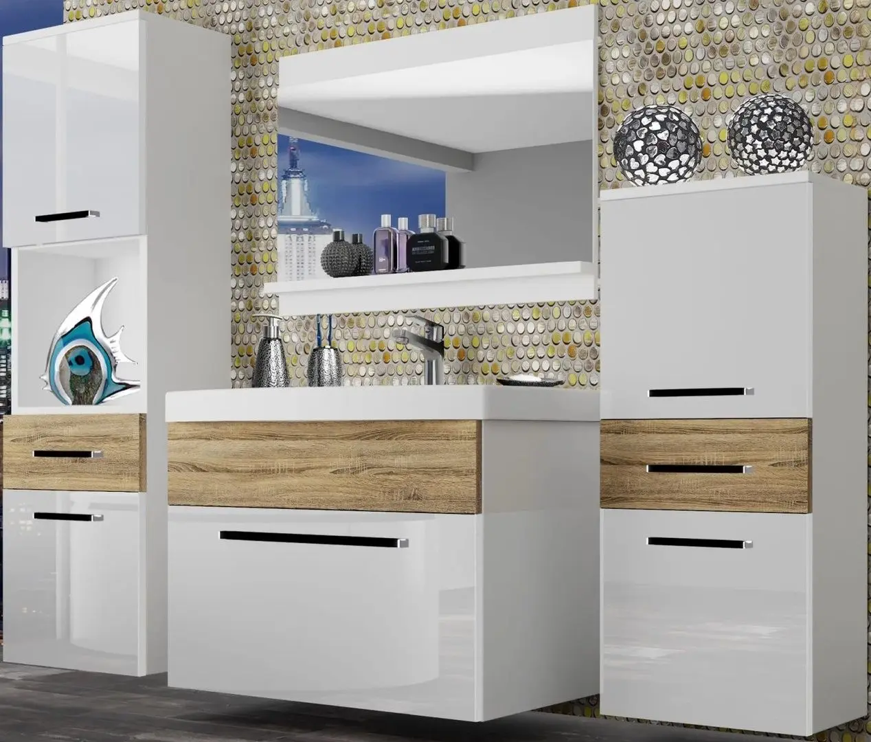 Set de mobila Belini Rodos 5 ROD PM 5/0/W/WDS/0/ZW (White High Gloss/Sonoma Oak)