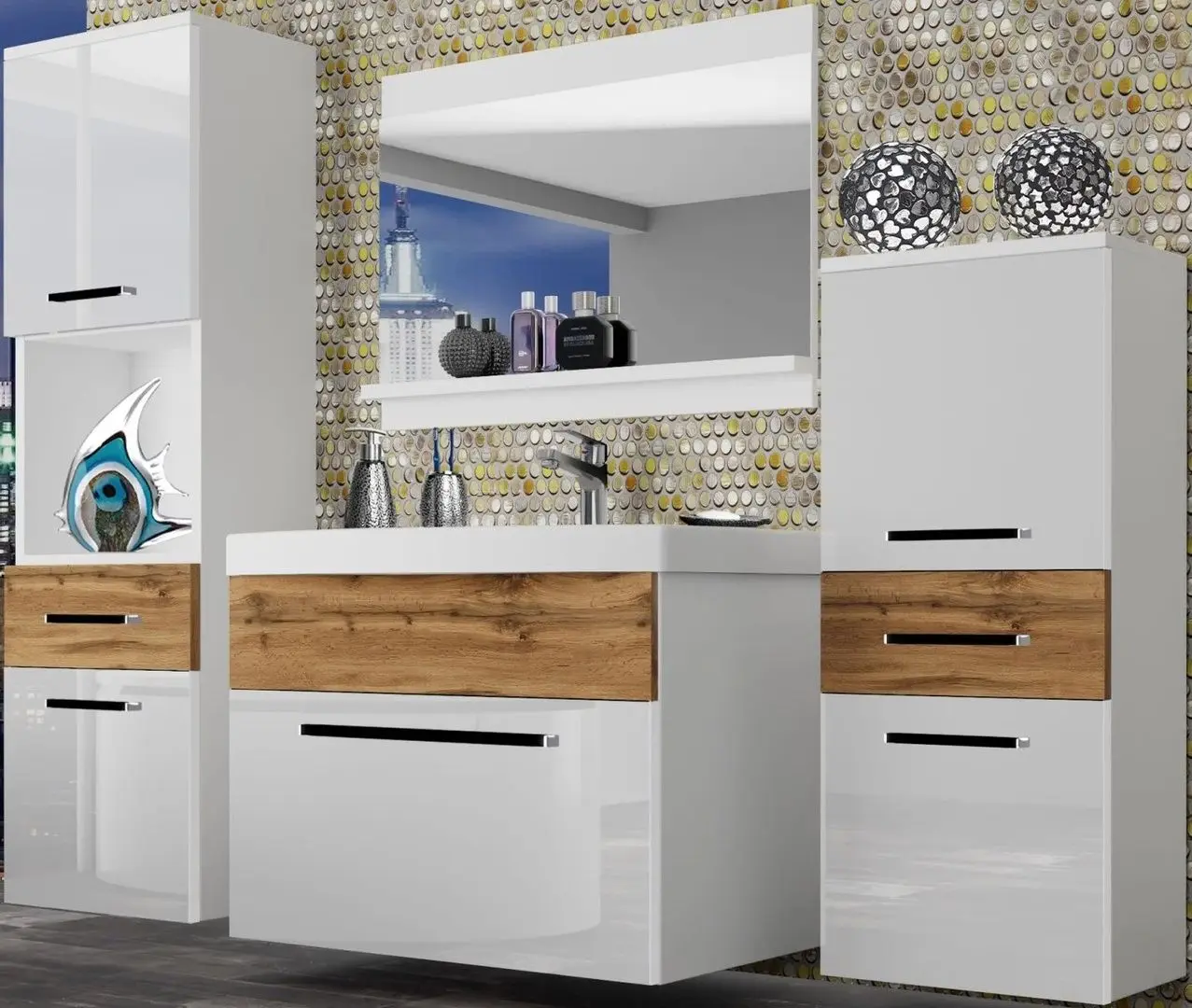 Set de mobila Belini Rodos 5 ROD PM 5/0/W/WDW/0/ZW (White High Gloss/Wotan Oak)