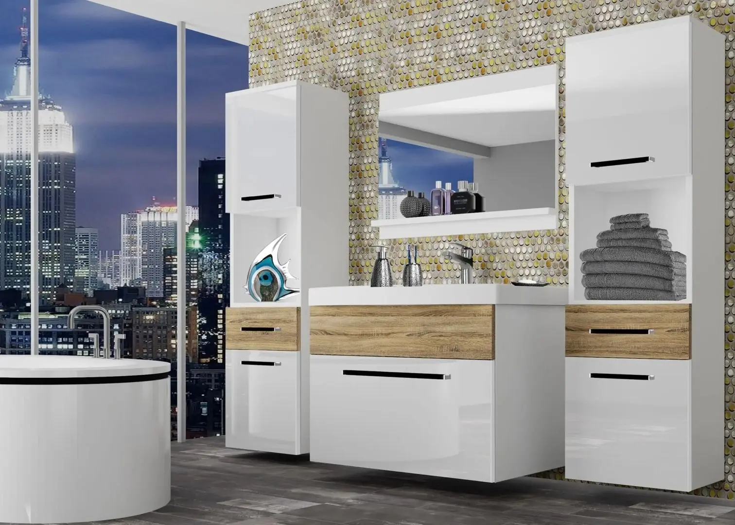 Set de mobila Belini Rodos 6 ROD PM 6/0/W/WDS/0/ZW (White High Gloss/Sonoma Oak)