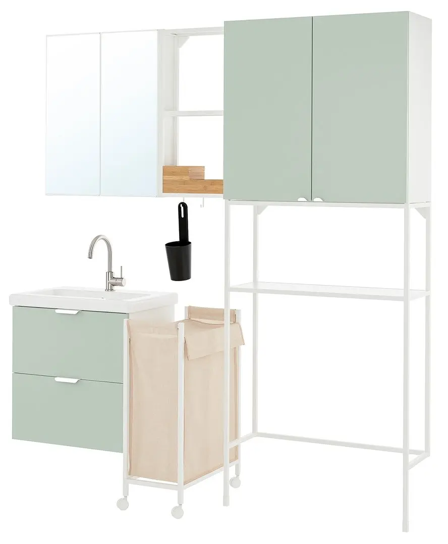 Set de mobila Ikea Enhet 180x43x204 (Alb/Gri-Verde Deschis)