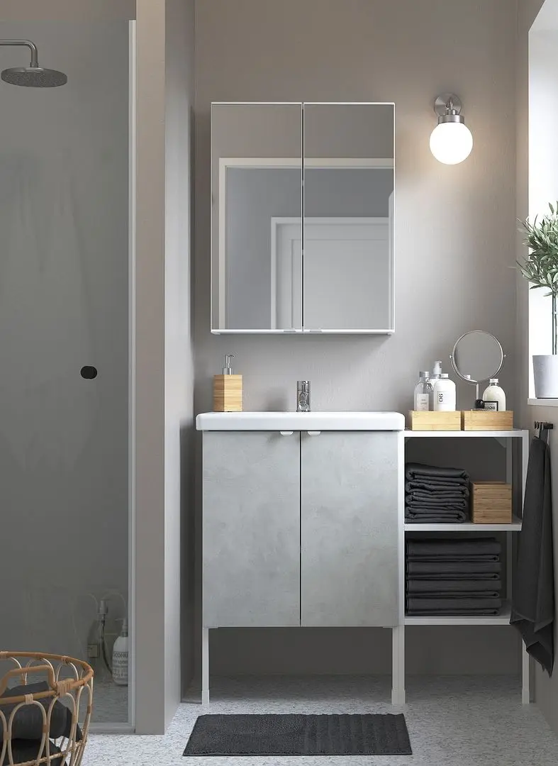 Set de mobila Ikea Enhet/Tvallen 14 piese 102x43x87 (Aspect Beton/Alb)