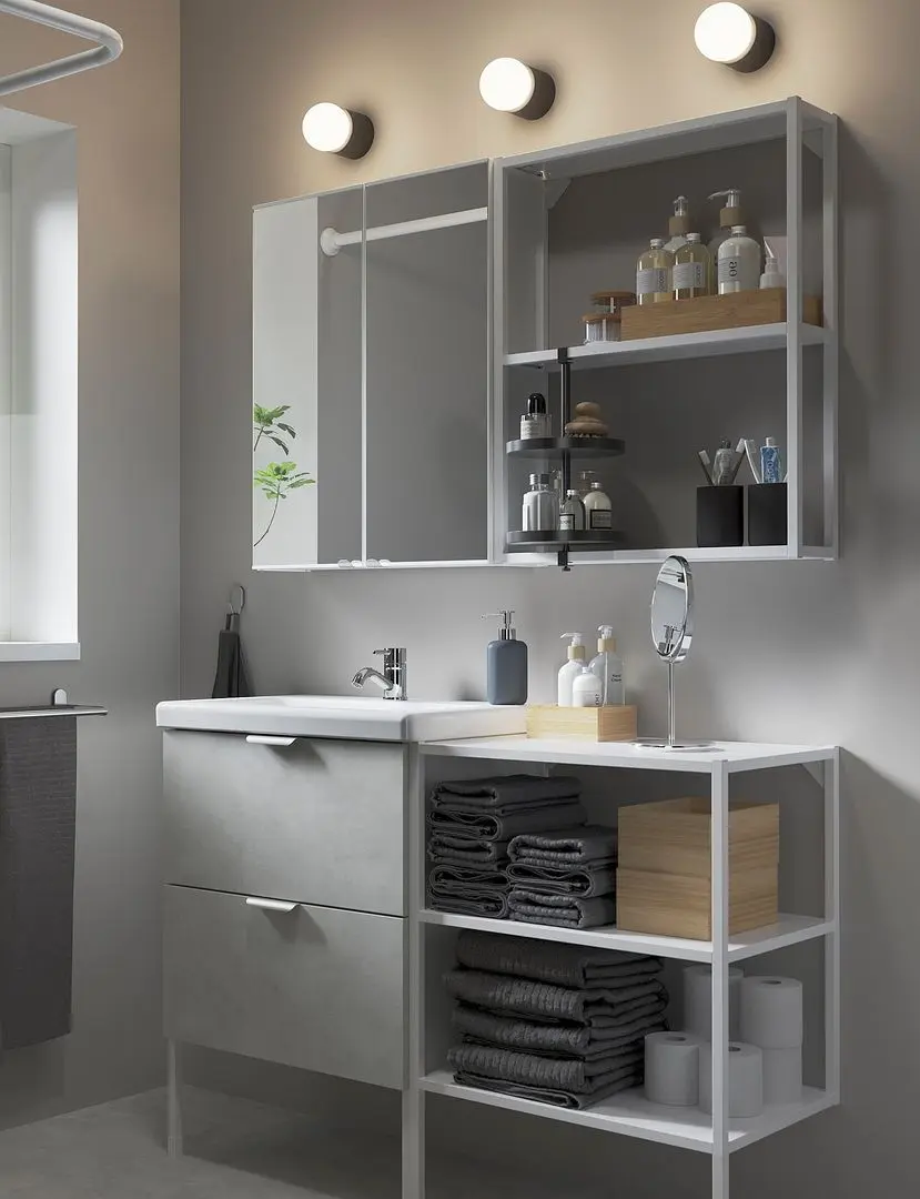 Set de mobila Ikea Enhet/Tvallen 15 piese 122x43x87 (Aspect Beton/Alb)