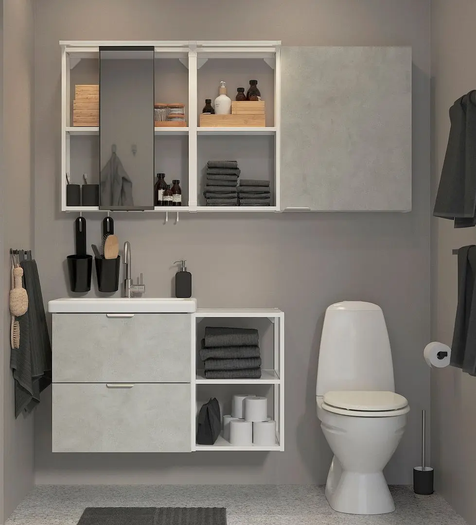 Set de mobila Ikea Enhet/Tvallen 18 piese 102x43x65 (Aspect Beton/Alb)