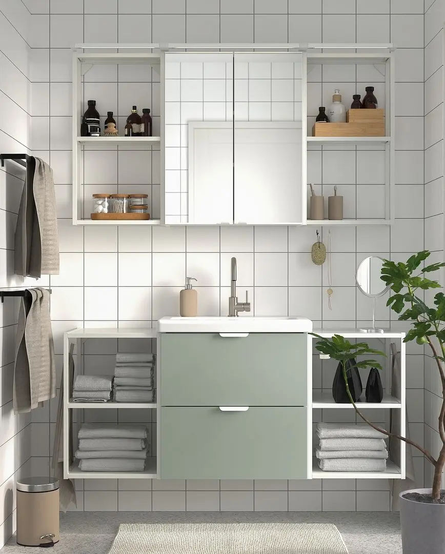 Set de mobila Ikea Enhet/Tvallen 18 piese 140x43x65 (Alb/Gri-Verde Deschis)