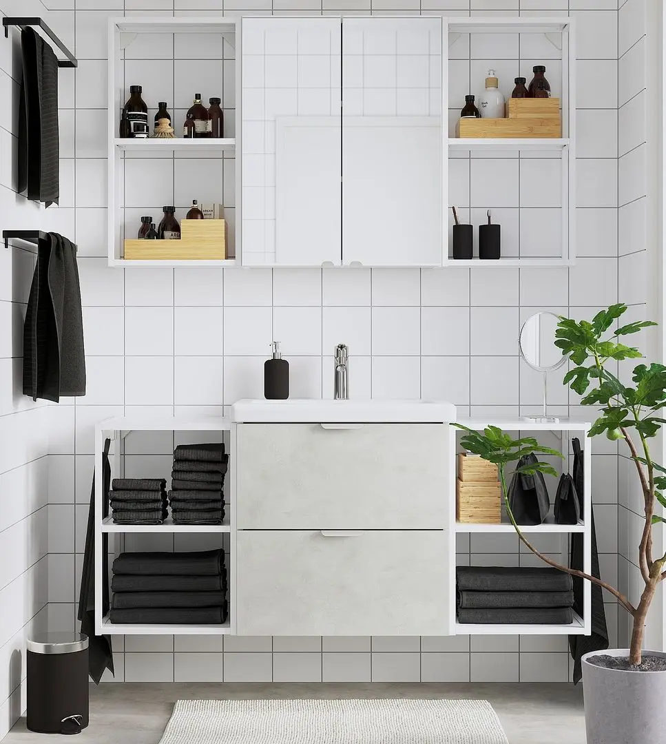 Set de mobila Ikea Enhet/Tvallen 18 piese 140x43x65 (Aspect Beton/Alb)