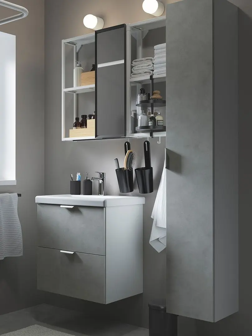 Set de mobila Ikea Enhet/Tvallen 18 piese 64x43x65 (Aspect Beton/Alb)