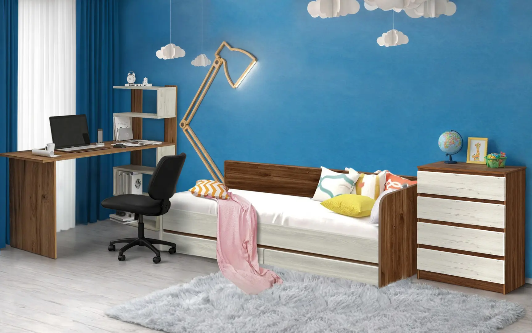 Mobila pentru copii Modern Komfi 2 90x200 + Komfi 75cm + Komfi 1 142cm (Brandy Castello Oak/Craft Oak White)