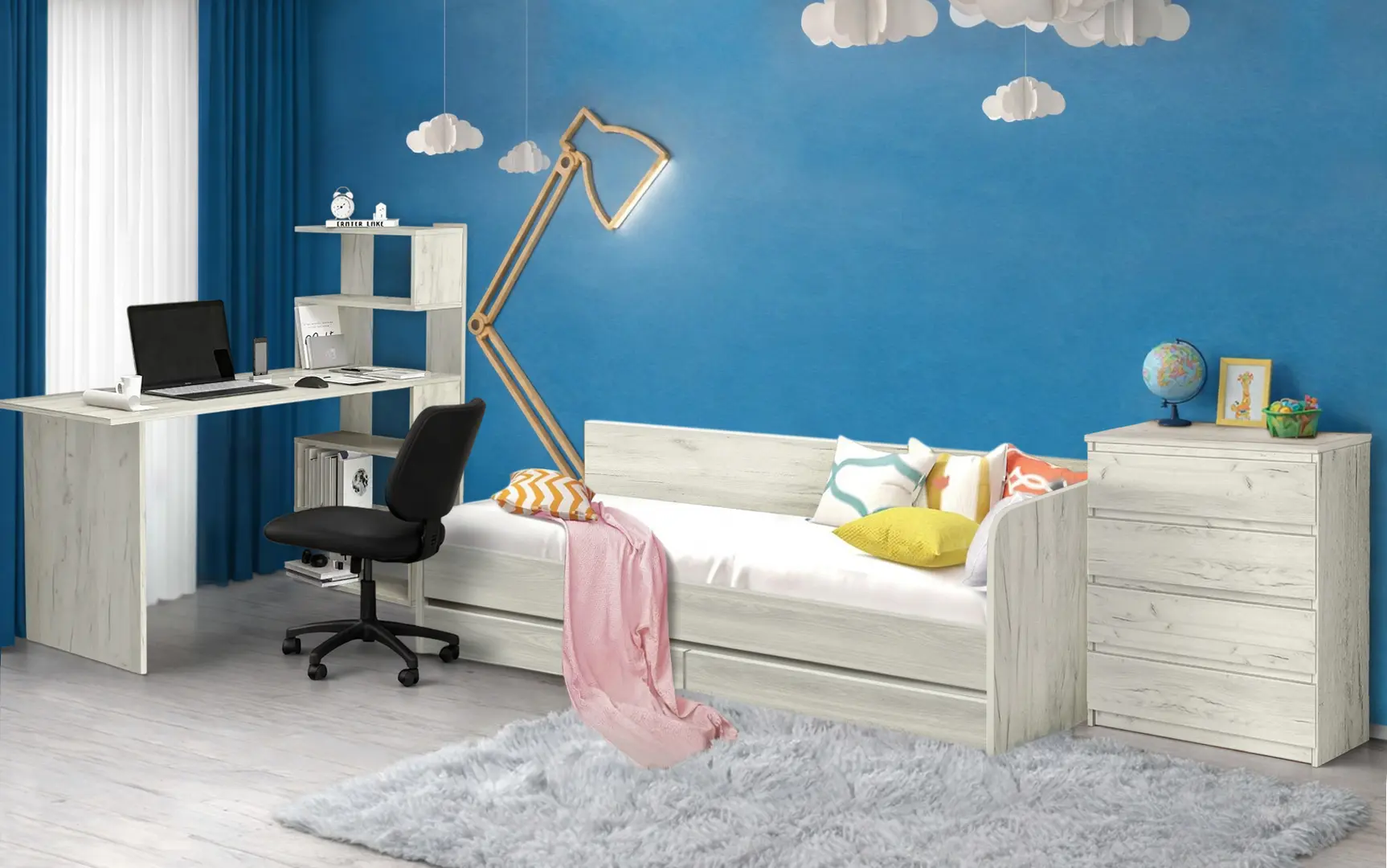 Mobila pentru copii Modern Komfi 2 90x200 + Komfi 75cm + Komfi 1 142cm (Craft Oak White)