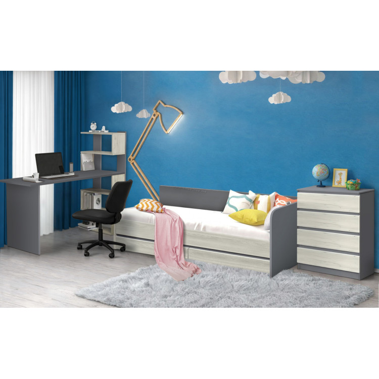 Mobila pentru copii Modern Komfi 2 90x200 + Komfi 75cm + Komfi 1 142cm (Slate Gray/Craft Oak White)