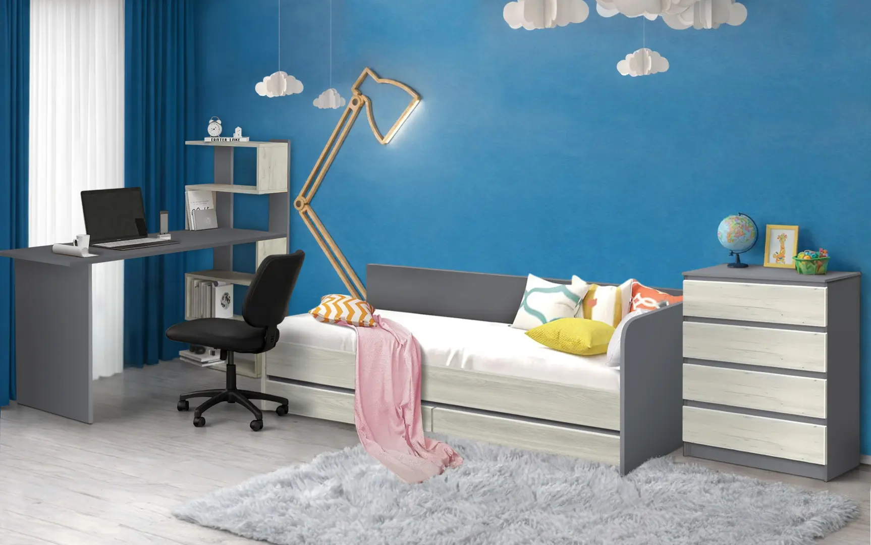 Mobila pentru copii Modern Komfi 2 90x200 + Komfi 75cm + Komfi 1 142cm (Slate Gray/Craft Oak White)