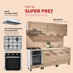 Set de bucatarie cu electrocasnice Ambianta Iris 2 2.0m Bardolino + Wolser WL-AM 672 + WL- F 6400 EN + WL-F 60 Slim Inox