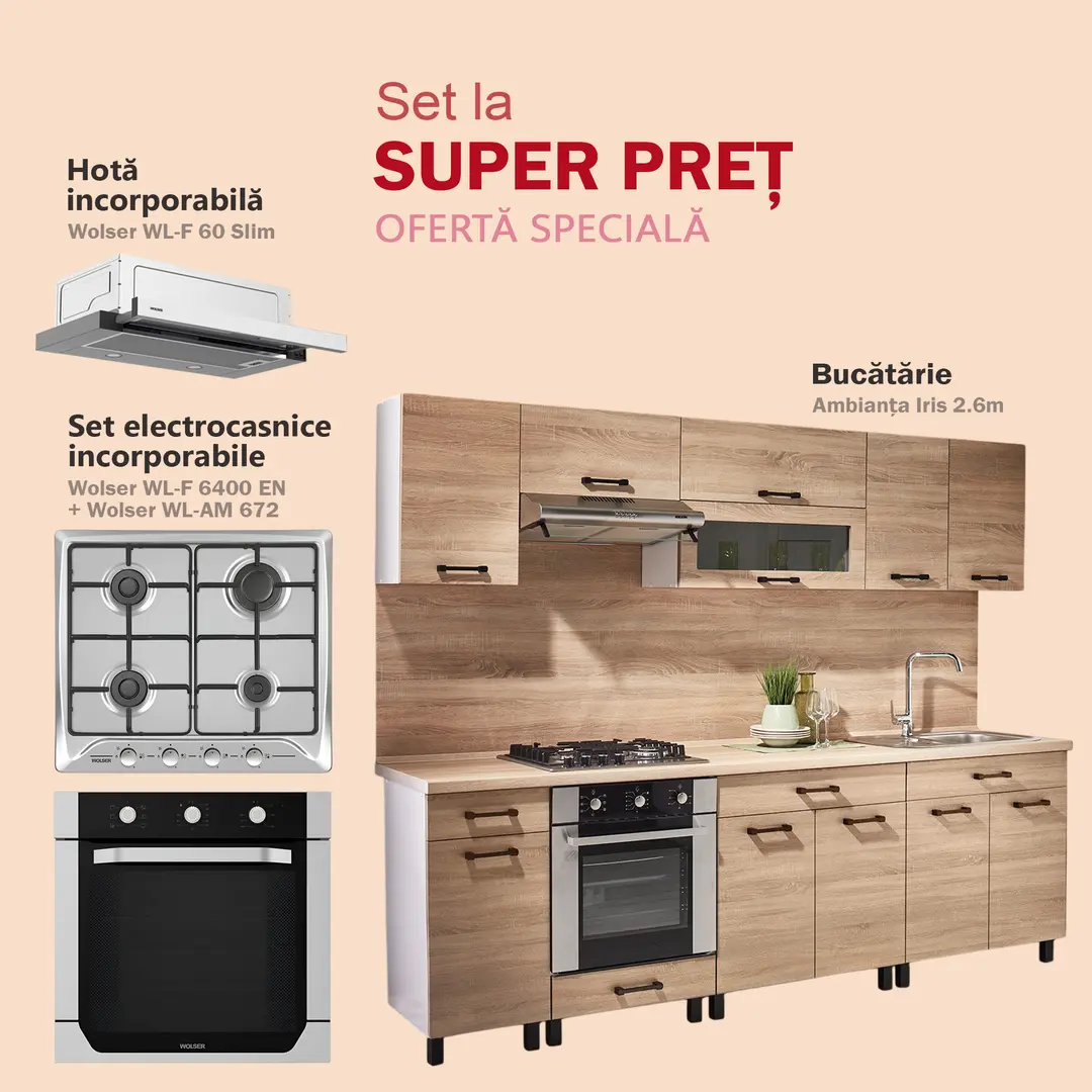 Set de bucatarie cu electrocasnice Ambianta Iris 2.6m Bardolino + Wolser WL-AM 672 + WL- F 6400 EN + WL-F 60 Slim Inox