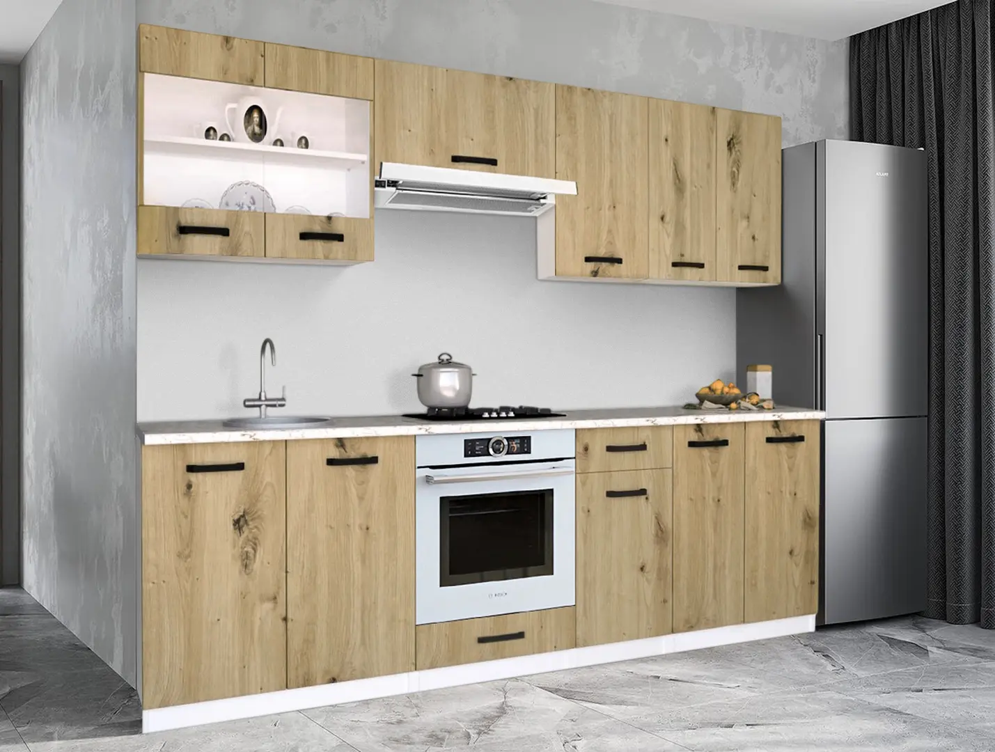 Set de bucatarie cu electrocasnice Samanta Exclusive 2 2.4m White/Artisan Oak + Wolser WL-AM 672 Inox + WL- F 6400 EN Inox + Tornado Solano 860 (60) IX LED Inox