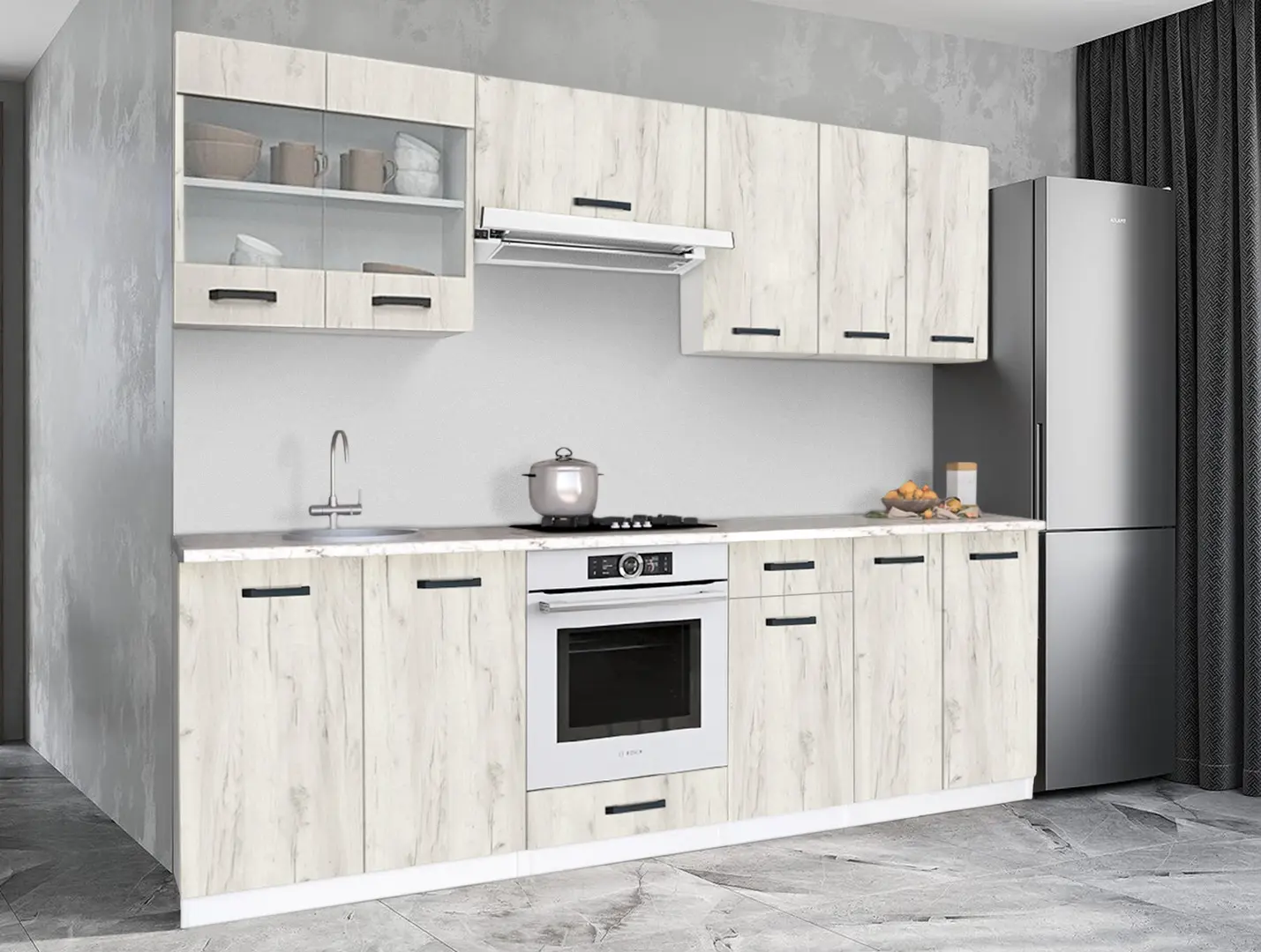 Комплект кухни с бытовой техникой Samanta Exclusive 2 2.4m White/White Craft Oak + Wolser WL-AM 672 Black + WL-F 6400 EN Black + Tornado Solano 860 (60) IX LED Inox