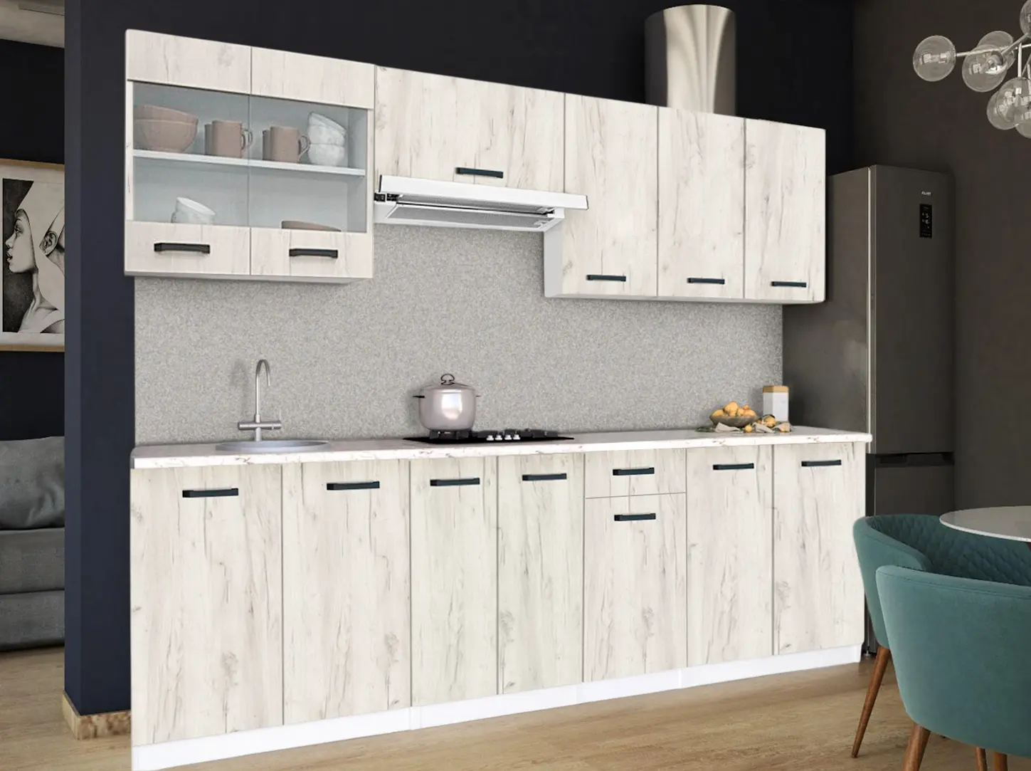 Set de bucatarie cu electrocasnice Samanta Exclusive 2 2.6m White/White Craft Oak + Wolser WL-F 6400 EN Black + Tornado Solano 860 (60) IX LED Inox