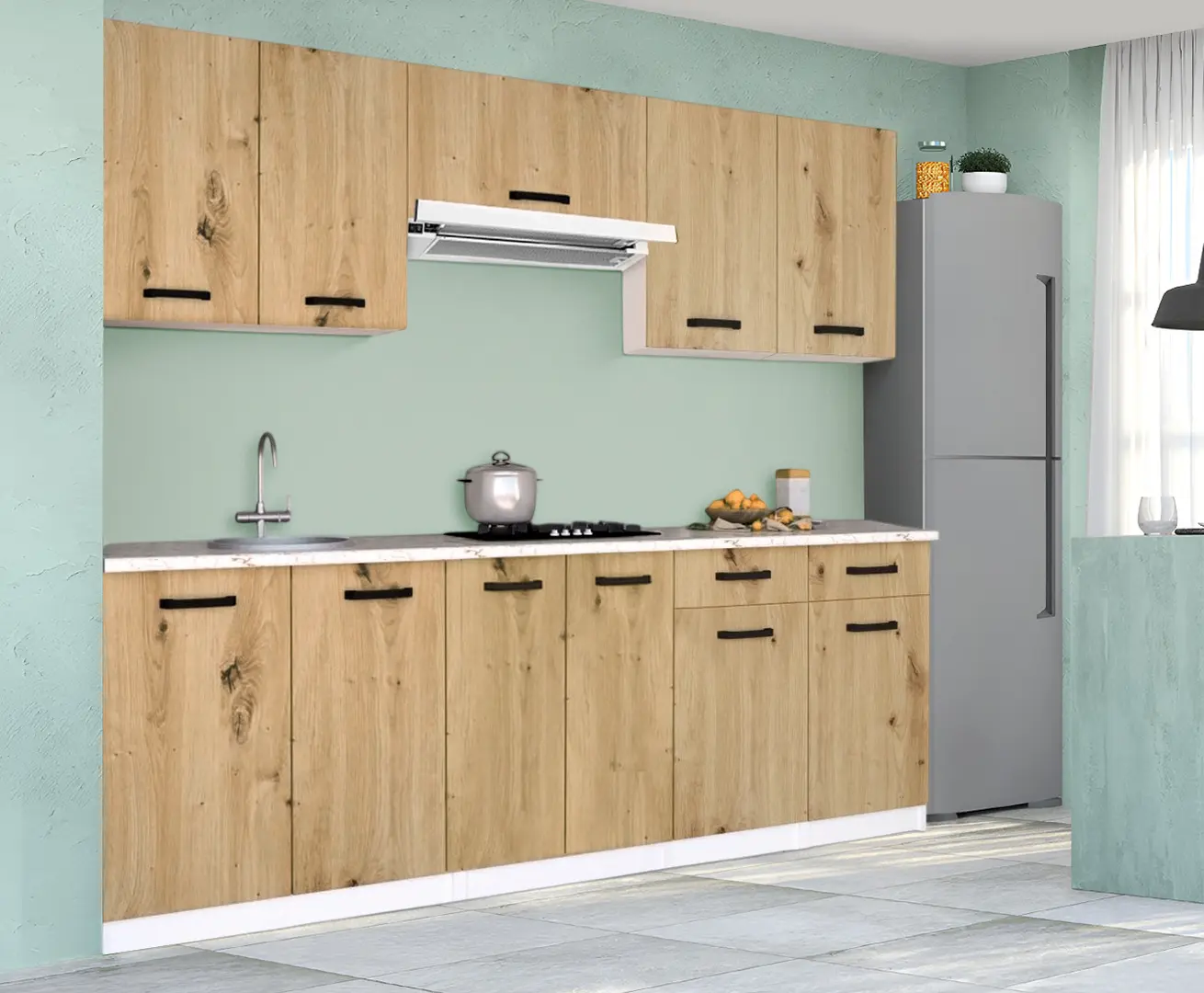 Set de bucatarie cu electrocasnice Samanta Exclusive 4 2.2m White/Artisan Oak + Wolser WL- F 6400 EN Inox + Tornado Solano 860 (60) IX LED Inox