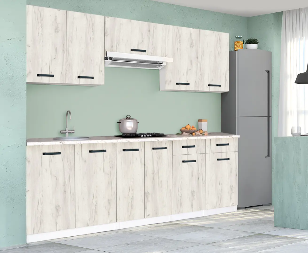 Set de bucatarie cu electrocasnice Samanta Exclusive 4 2.2m White/White Craft Oak + Wolser WL-F 6400 EN Black + Tornado Solano 860 (60) IX LED Inox