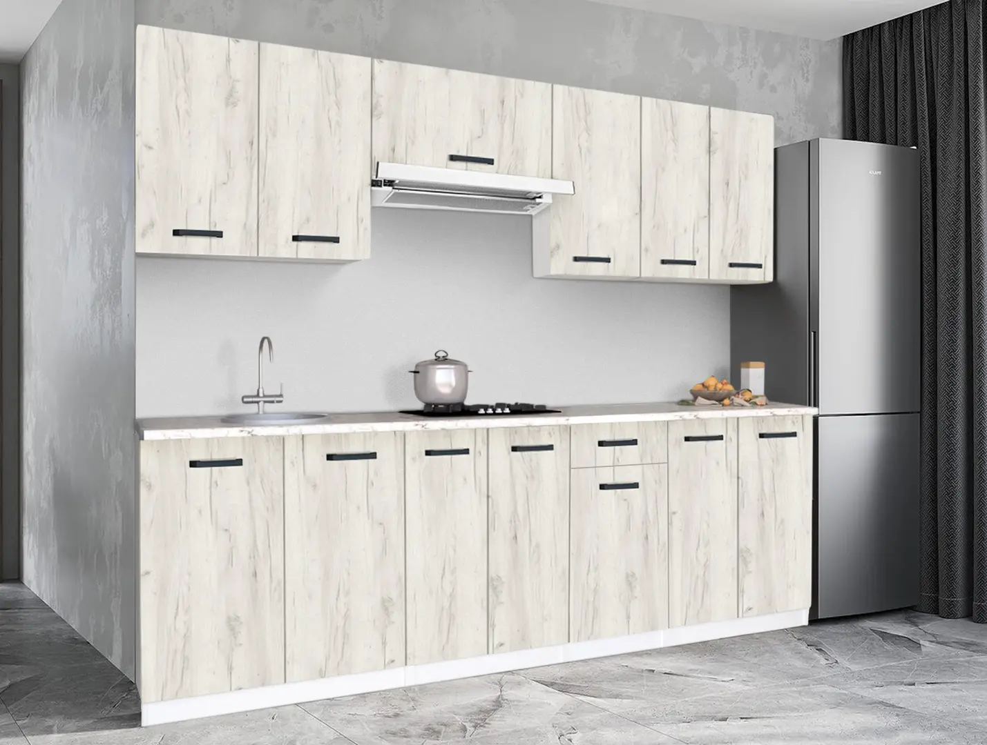 Комплект кухни с бытовой техникой Samanta Exclusive 4 2.4m White/White Craft Oak + Wolser WL-F 6400 EN Black + Tornado Solano 860 (60) IX LED Inox