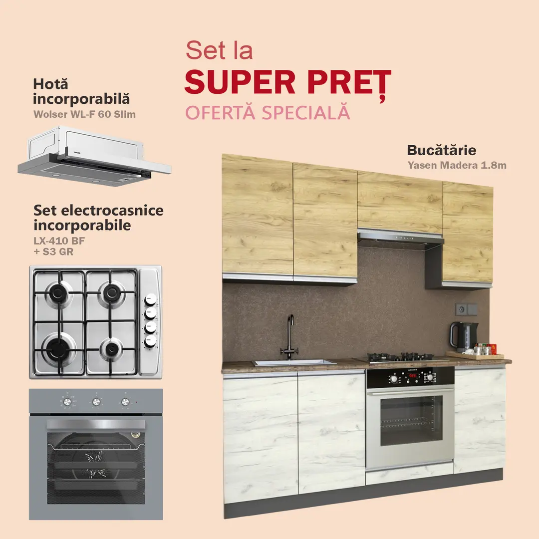 Set de bucatarie cu electrocasnice Yasen Madera 1.8m Gold Craft Oak/White Craft Oak + Darko S3 GR + LX-410 BF Grey/Inox + Wolser WL-F 60 Slim Inox
