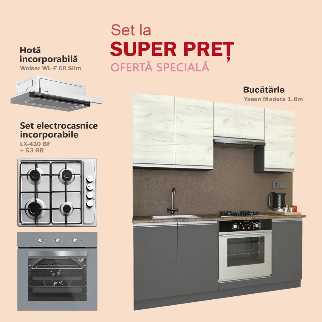 Комплект кухни с бытовой техникой Yasen Madera 1.8m White Craft Oak/Graphite Grey + Darko S3 GR + LX-410 BF Grey/Inox + Wolser WL-F 60 Slim Inox
