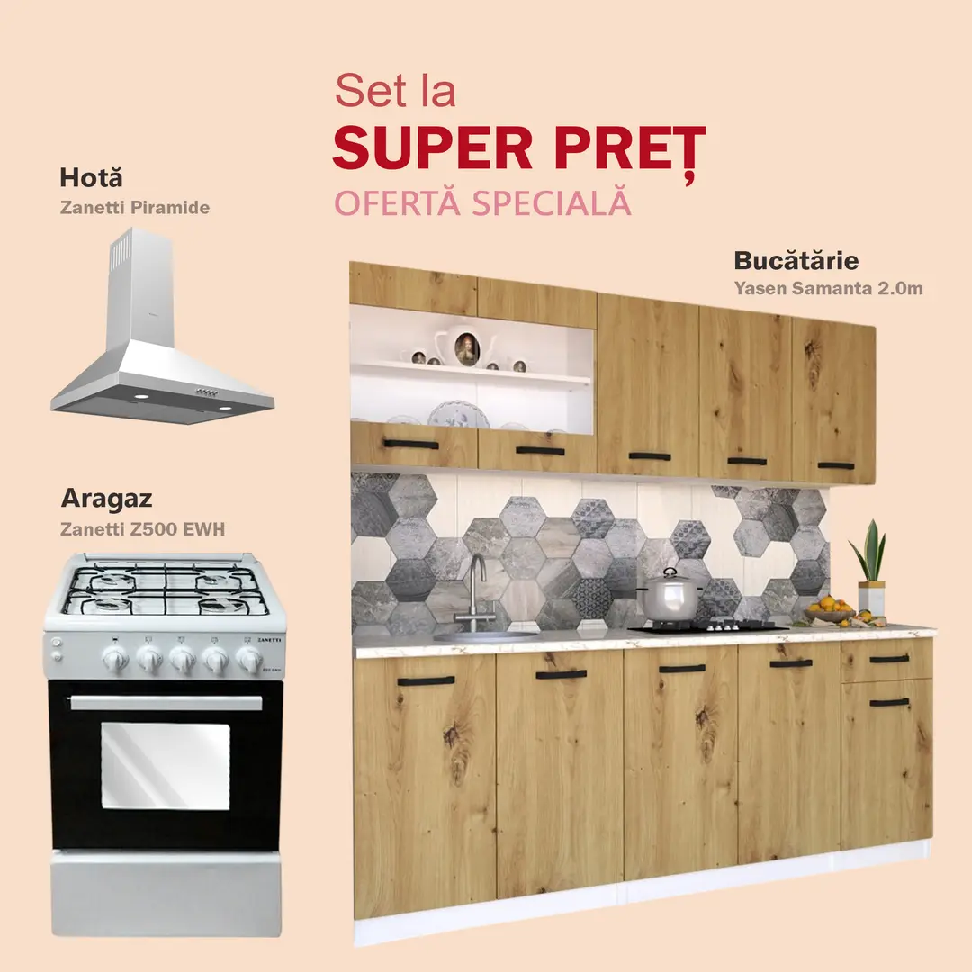 Set de bucatarie cu electrocasnice Yasen Samanta 2.0m Artisan Oak/White + Zanetti Z500 EWH White + Zanetti Piramide White