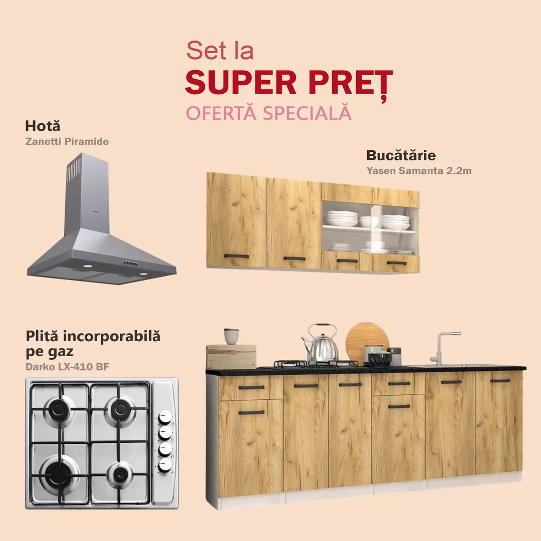 Set de bucatarie cu electrocasnice Yasen Samanta 2.2m White/Artisan Oak + Darko LX-410 BF Inox + Zanetti Piramide Inox
