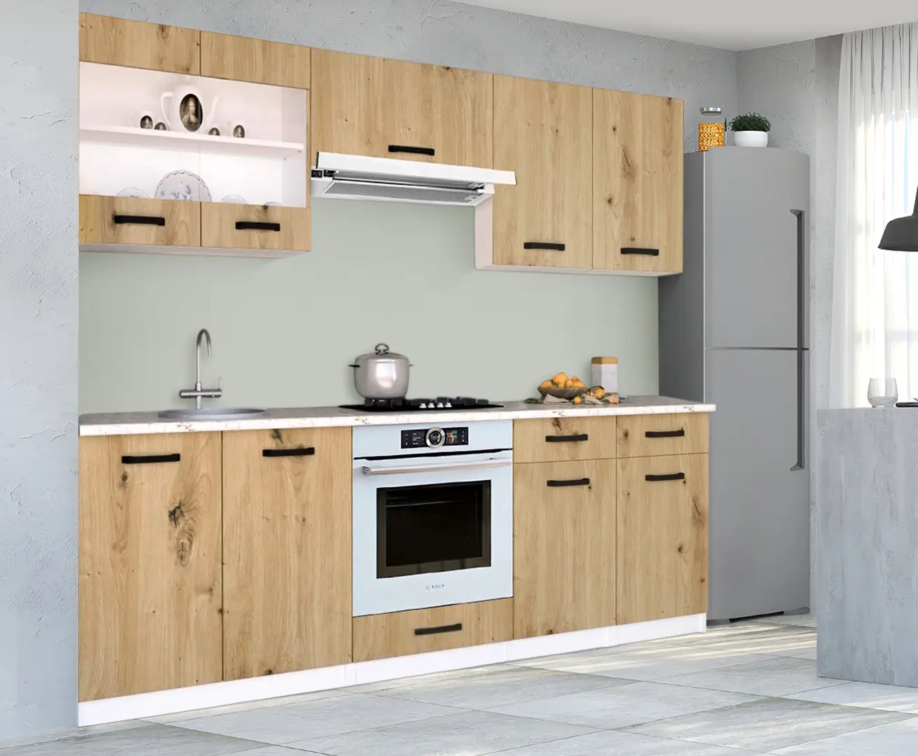 Set de bucatarie cu electrocasnice Samanta Exclusive 1 2.2m White/Artisan Oak + Wolser WL-AM 672 Inox + WL- F 6400 EN Inox + Tornado Solano 860 (60) IX LED Inox