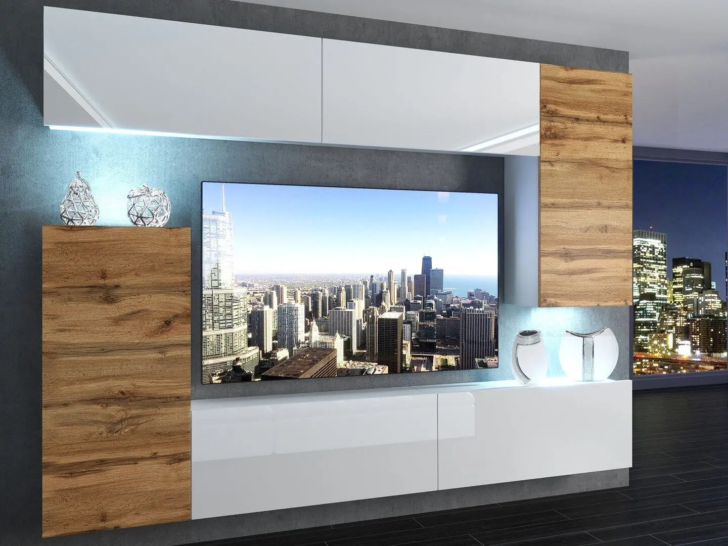 Set mobila Belini Imperium IMP 8/5/W/WDWDWW/0/0 2.5m White High Gloss/Wotan Oak + Space Meble Hewlet Sawana 21/Sawana 01 Gray/Ecru + Halmar Mariffa White/Black