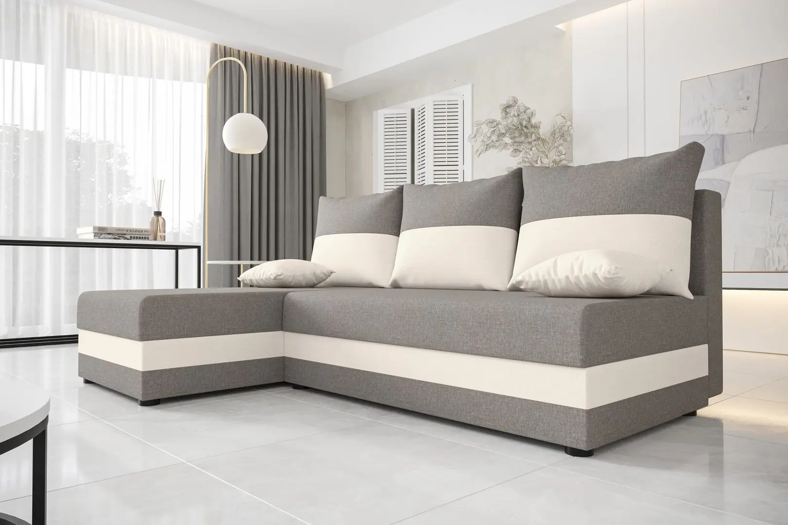 Set mobila Belini Imperium IMP 8/5/W/WDWDWW/0/0 2.5m White High Gloss/Wotan Oak + Space Meble Hewlet Sawana 21/Sawana 01 Gray/Ecru + Halmar Mariffa White/Black