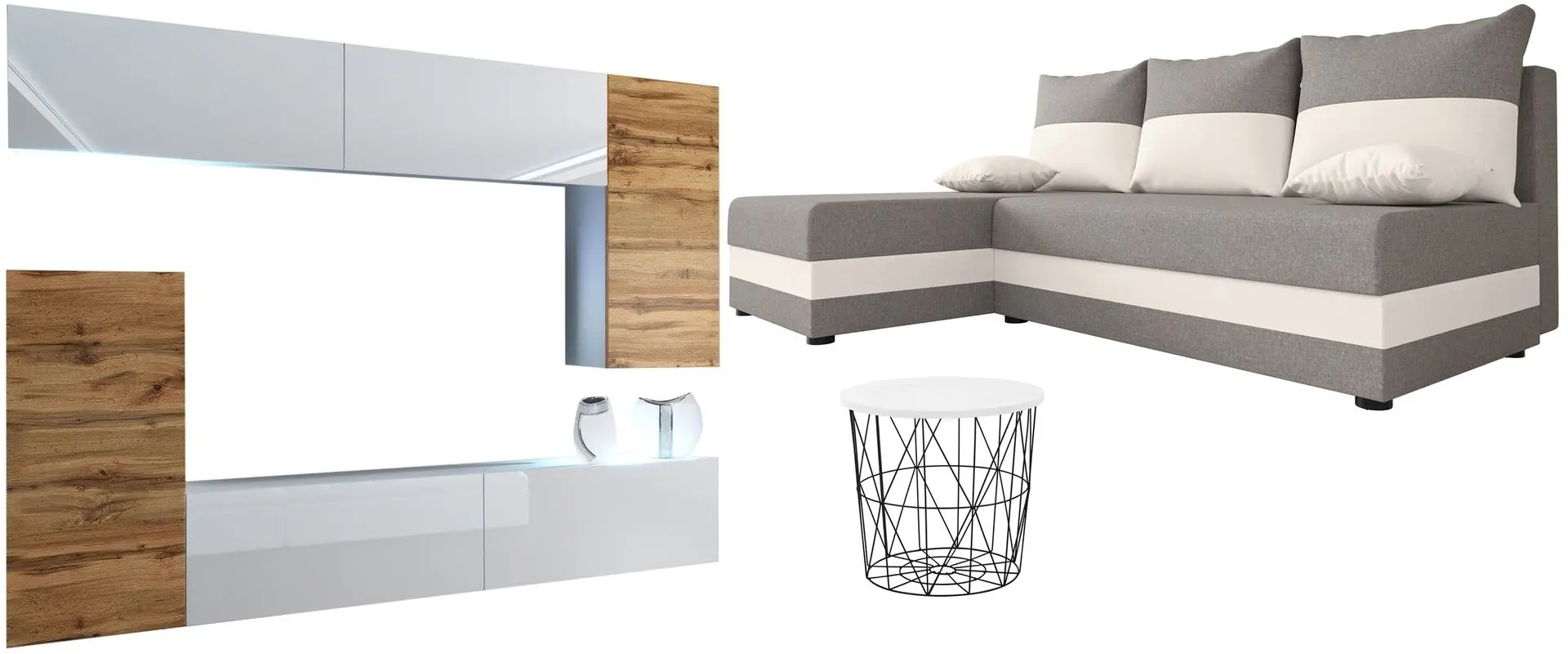 Set mobila Belini Imperium IMP 8/5/W/WDWDWW/0/0 2.5m White High Gloss/Wotan Oak + Space Meble Hewlet Sawana 21/Sawana 01 Gray/Ecru + Halmar Mariffa White/Black