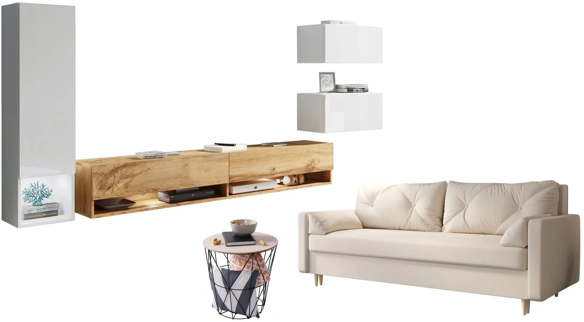 Set mobila Bratex Amadeo White/White Gloss/Wotan Oak + Space Meble Astra Cosmic 10 Cream + Mobhaus Nancer Natural/Black