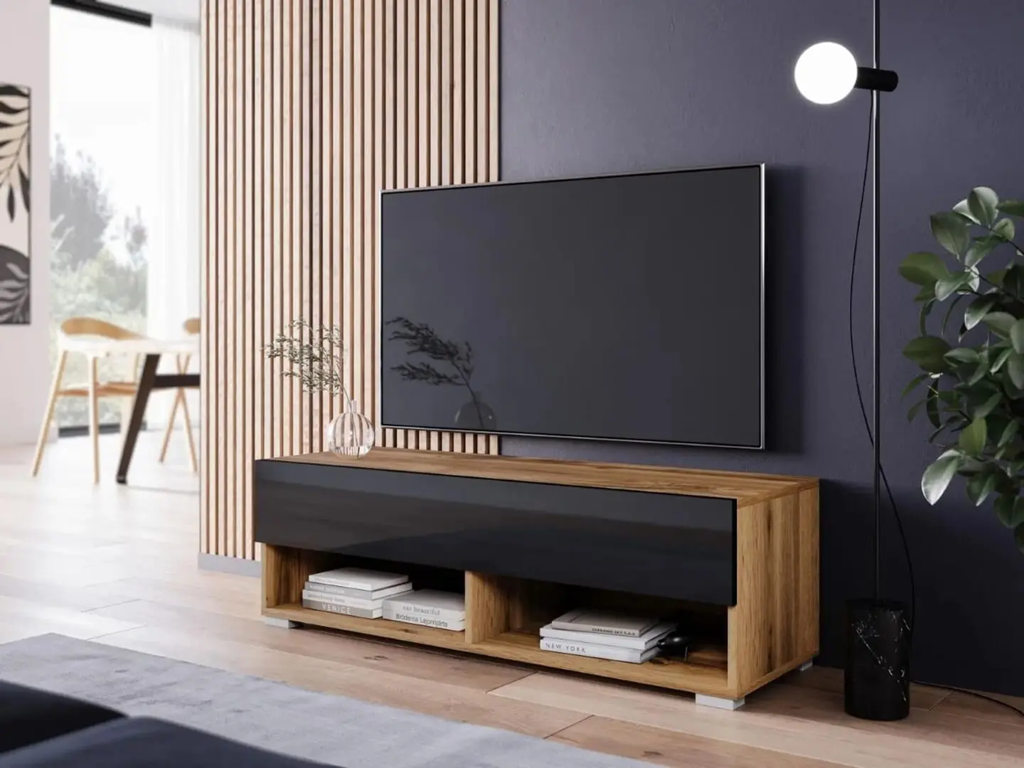 Set mobila Bratex Lowboard A 100 Wotan Oak/Black Gloss + Modern Aqua Alaska Wild Mustang Dark Brown + Prosperplast Clubo Anthracite