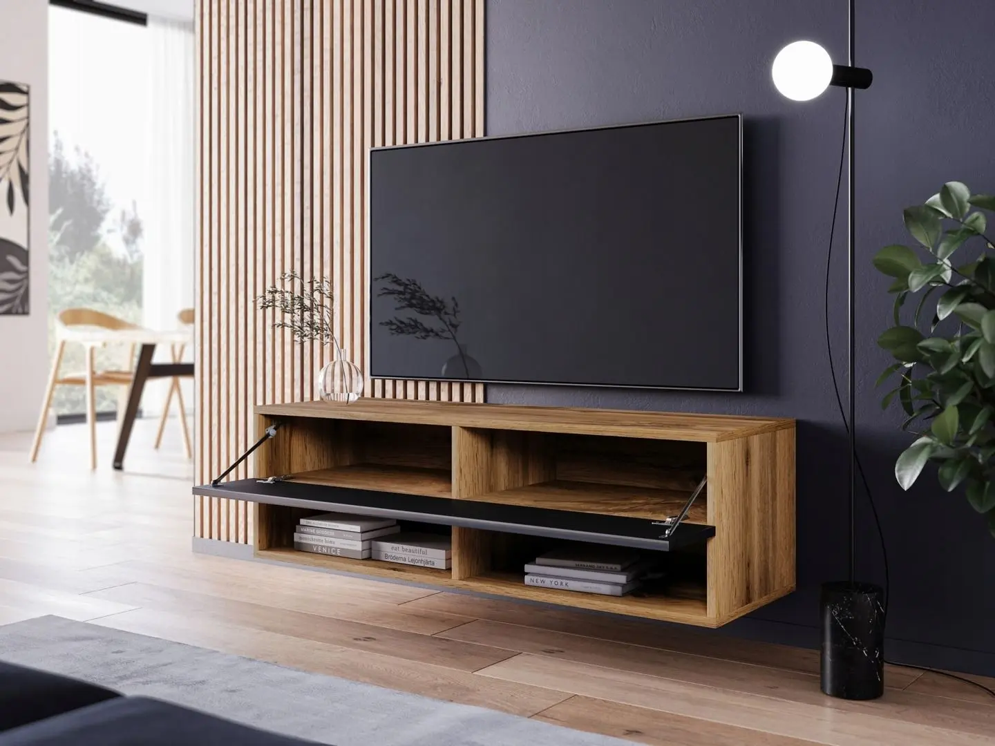 Set mobila Bratex Lowboard A 100 Wotan Oak/Black Gloss + Modern Aqua Alaska Wild Mustang Dark Brown + Prosperplast Clubo Anthracite