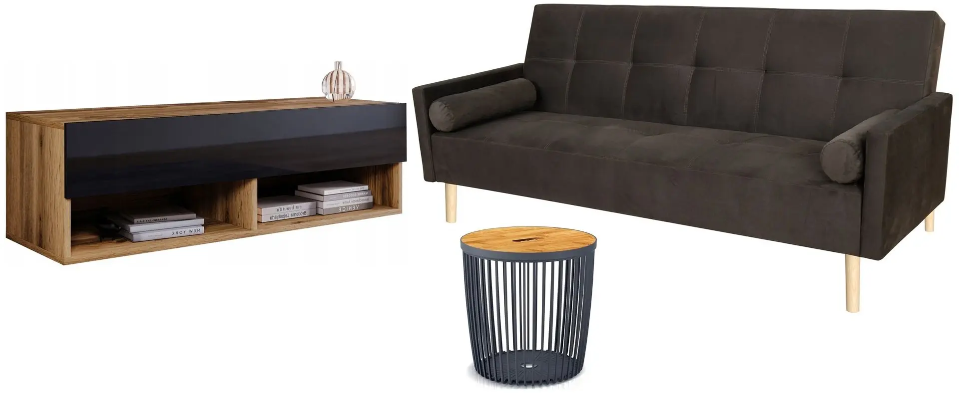 Set mobila Bratex Lowboard A 100 Wotan Oak/Black Gloss + Modern Aqua Alaska Wild Mustang Dark Brown + Prosperplast Clubo Anthracite