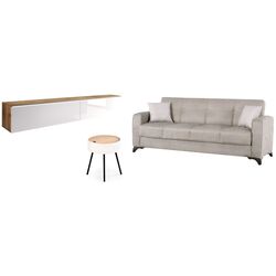 Комплект мебели Bratex Lowboard D 180 Wotan Oak/White Gloss + Fabulous Mese 3-местный 67-100 Beige + Halmar Aura White