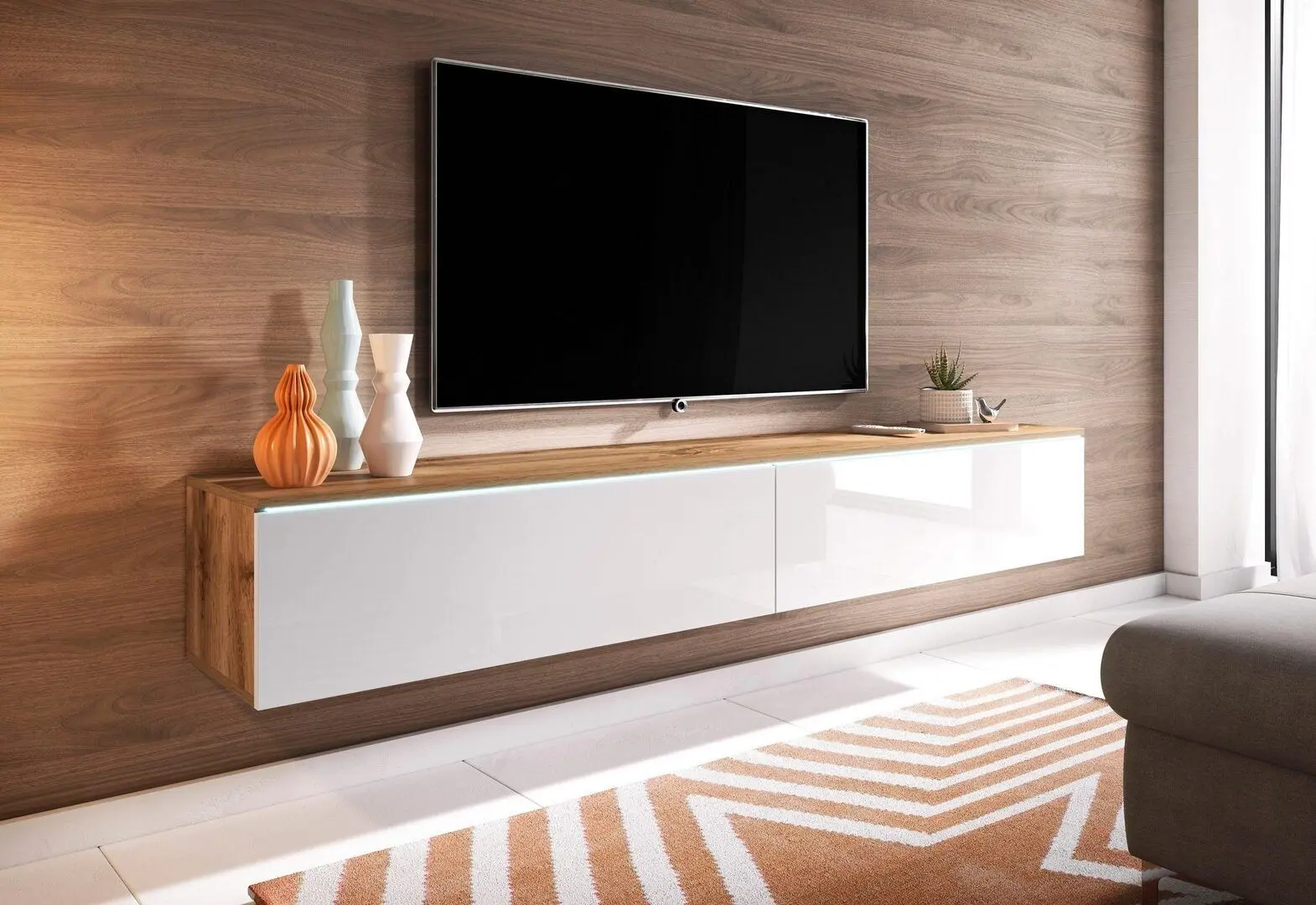 Комплект мебели Bratex Lowboard D 180 Wotan Oak/White Gloss + Fabulous Mese 3-местный 67-100 Beige + Halmar Aura White - 14